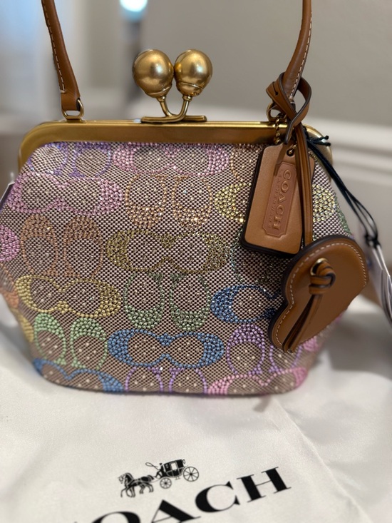 Coach Crystal Rainbow Signature Kisslock Bag with Tan Leather and Brass Hardware - Picture 6 of 15